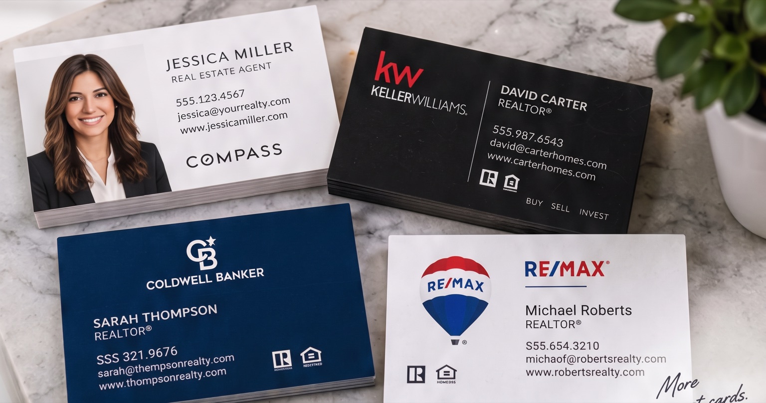 Real estate business card concepts with agent portraits and brokerage branding